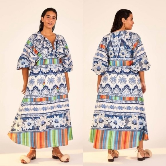 FARM RIO BLUE PALMS BALLOON SLEEVE DRESS SIZE MEDIUM NEW with TAGS - Picture 6 of 16